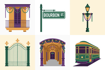 Flat illustration set for New Orleans street architecture, featuring street sign, lamp post, gate, and trolley.