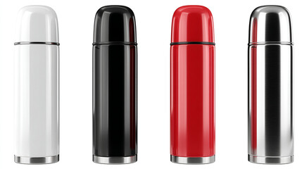 A group of four colorful thermos bottles isolated on a white background