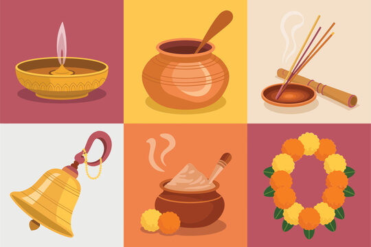 Colored outline vector icons for Hindu offering, illustrating pot, incense, bell, rice, and flower garland symbols.