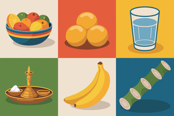 Colored outline vector icons for Hindu offering, illustrating fruit, sweets, water glass, banana, and oil lamp.