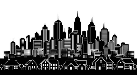Fototapeta premium Modern city skyline with suburban homes offering urban lifestyle appeal