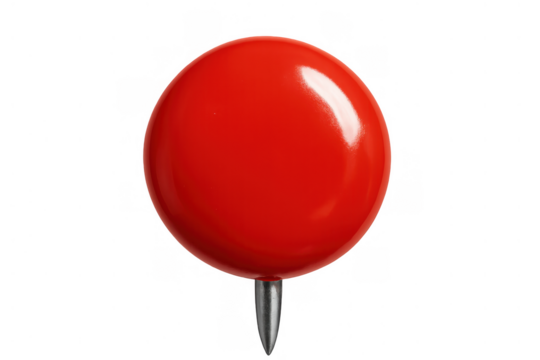 Red pushpin creating a marker or thumbtack for mapping, location, or office stationery, isolated on transparent background