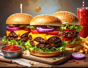 Digitally created image of appetizing burgers with various toppings