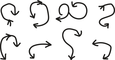 Hand drawn sketch arrows set showing direction and movement