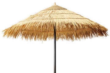 Natural straw beach umbrella with frayed edges on black background protection