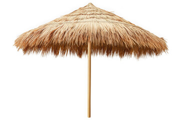 Natural straw beach umbrella with wooden pole isolated on black background protection 1