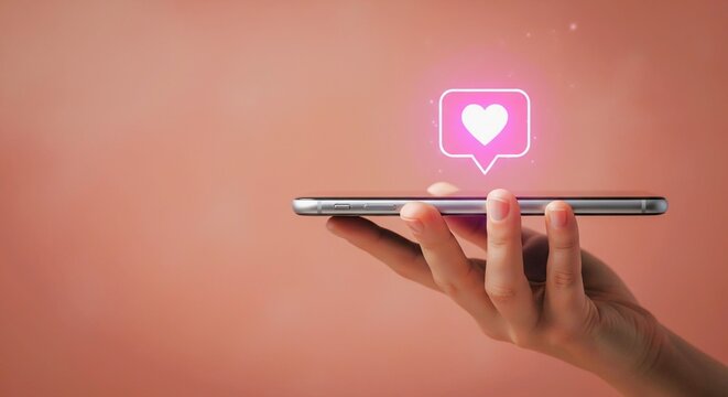 A hand holding a smartphone with a glowing pink heart icon appearing above the screen.