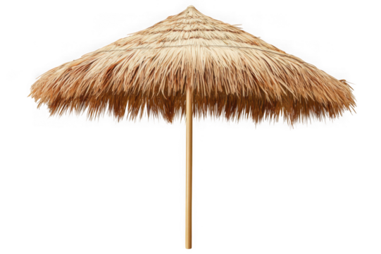 Natural straw beach umbrella with wooden pole isolated on black background protection 1