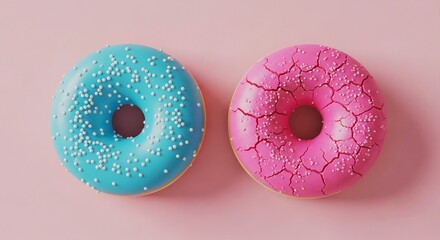 Two donuts with blue and pink frosting on a pink background.