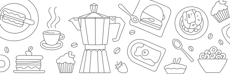 Breakfast Line Art Pattern Featuring Coffee, Pancakes, Eggs, and Pastries Seamlessly Aligned for Culinary Themed Designs and Menu Illustrations
