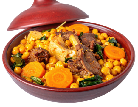 A Moroccan tagine of lamb, chickpeas, carrots, and greens, in a clay pot