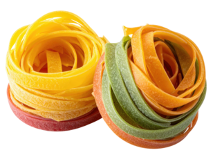 Two colorful nests of pasta in yellow, orange, red, and green hues