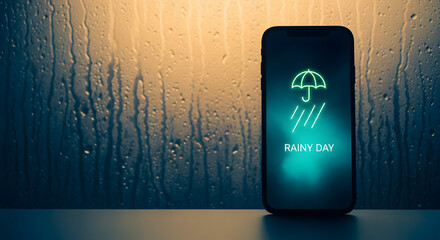 Rainy Day Concept. Weather Information Forecast show on Mobile Phone Screen. View from Inside, through Glass Window