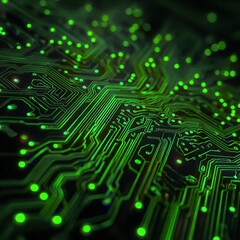 Abstract closeup of a glowing green circuit board with intricate pathways and illuminated nodes, representing technology and data flow in a digital world