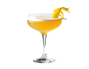 Elegant cocktail with a lemon twist garnish, set against a stark black backdrop