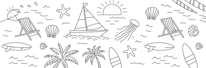 Dreamy beach escape vector illustration featuring sailboats, palm trees, surfboards, and inviting lounge chairs for a tropical vacation vibe