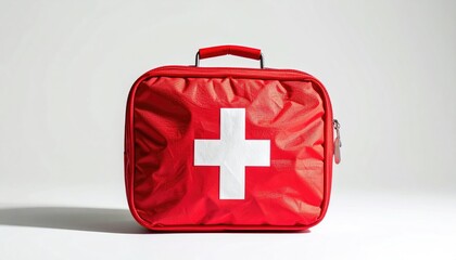 Red first aid kit with white cross, on white