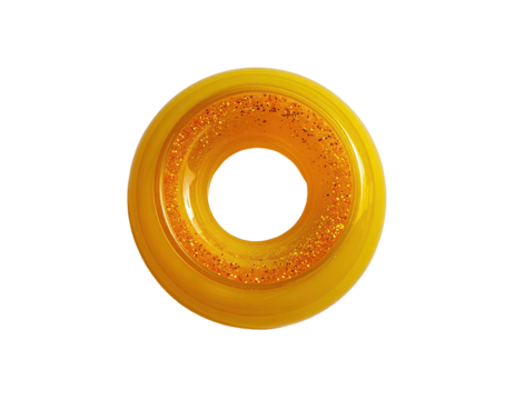 A vibrant, glossy, inflatable ring with a speckled inner tube against black