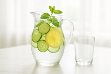 Refreshing Infusion: A pristine glass pitcher holds a revitalizing concoction of sliced cucumber and lemon, complemented by fresh mint sprigs. A transparent glass stands ready, hinting at the crisp.