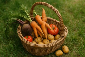 Fresh Harvest Bounty: A rustic basket overflows with vibrant, freshly harvested produce, showcasing the colors and textures of nature's offerings.