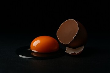 Broken Egg on Black: A striking close-up of a shattered egg on a stark black backdrop. The vibrant yolk spills forth, creating a stark contrast against the dark surface.