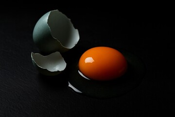 Unveiling the Egg's Essence: A vivid capture of a cracked egg, revealing the vibrant yolk against a rich dark background, symbolizing the essence of life's potential.