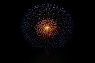 Fireworks Burst in the Night Sky: A stunning firework display explodes in a dark sky, its radiant colors of blue and orange creating a mesmerizing spectacle of light and celebration.