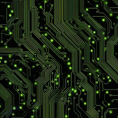 Abstract digital circuit board pattern with glowing green lines and nodes on a dark background, representing technology and data flow