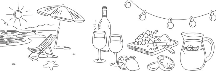 Coastal relaxation scene with wine, cheese, and lemonade under twinkling lights, a beach picnic evoking summer vibes and tranquil escapes in a hand drawn style
