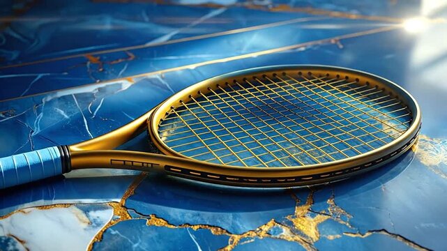 Golden Tennis Racquet on a Marble Surface with a Touch of Sunlight