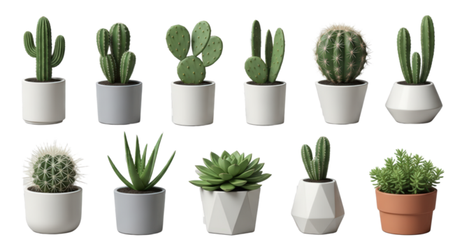 Collection Of Potted Cacti And Succulents In Various Modern Planters isolated on Transparent Background