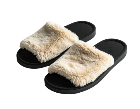 Two fluffy, cream-colored slide sandals with black soles, isolated on black