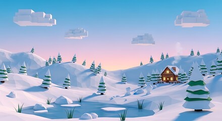A charming low-poly digital landscape depicting a cozy wooden cabin nestled among snowy hills and geometric pine trees, set against a soft, colorful sunset sky.