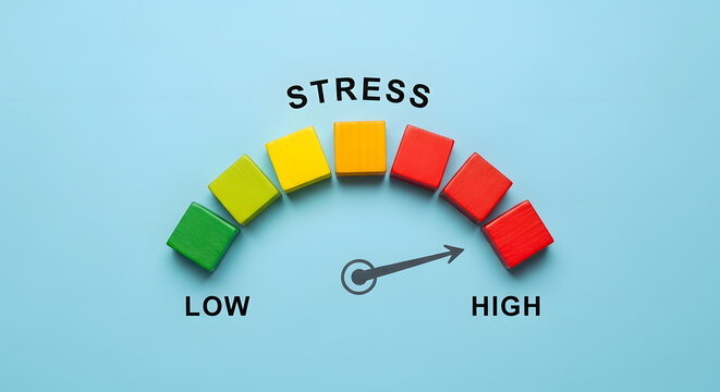 Stress loading bar, burnout syndrome and exhaustion, work life balance, low energy, high pressure, arrow point to critical scale