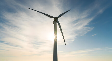 Renewable Wind Energy Turbine on Hilltop Against Blue Sky