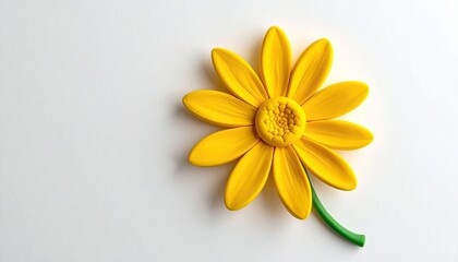 Bright yellow daisy with a green stem on a white background