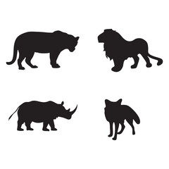 Silhouette of wild animals, lion,tiger,rhinoceros and wolf icon