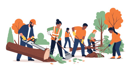 Dedicated volunteers cleaning up park after storm damage with teamwork, community spirit, and chainsaws for a revitalized natural space