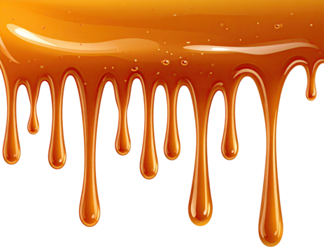 A close-up of caramel, a sticky, glossy substance dripping down