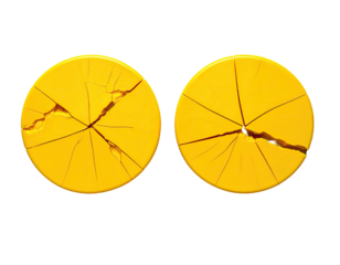 Two yellow circular objects showing cracks, rendered against a black backdrop