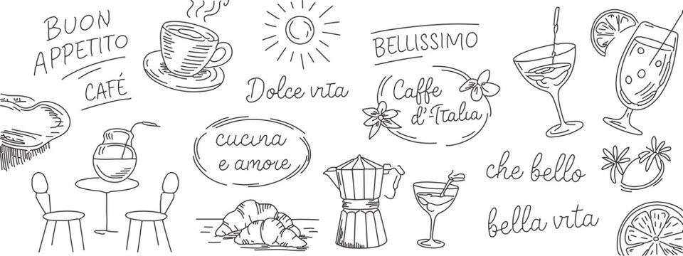 Italian cafe culture elements drawing featuring coffee, cocktails, and phrases like Buon Appetito for cafe branding and menu designs with rustic charm