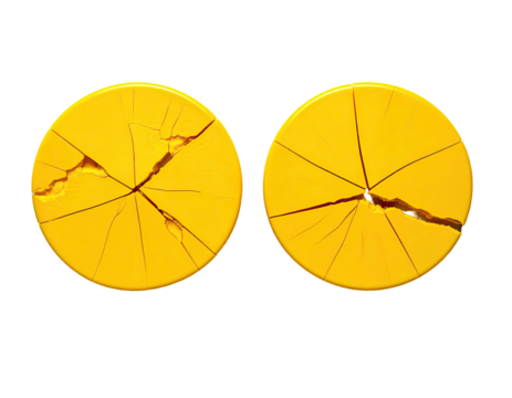Two yellow circular objects showing cracks, rendered against a black backdrop - Powered by Adobe