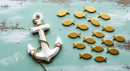 anchor and fish on a blue background, maritime sea life, sailing trip, summer vacation, tourism concept, harbor