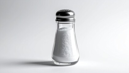 Salt shaker filled with white grains on a white background