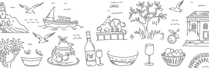 Charming vector illustration of Mediterranean lifestyle with coastal scenes, delicious food, and idyllic relaxation, perfect for travel and food blogs, and summer themes