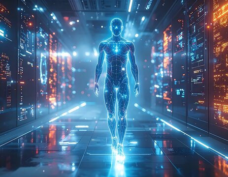 Digitized humanoid form strides through a futuristic tech corridor
