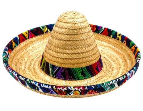 A straw hat, conical crown, wide brim, colorful patterned band, isolated