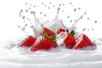 Red strawberries splashing into white creamy liquid with black background strawberry fruit
