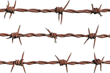 Three rows of rusty barbed wire with sharp points against a black background metal