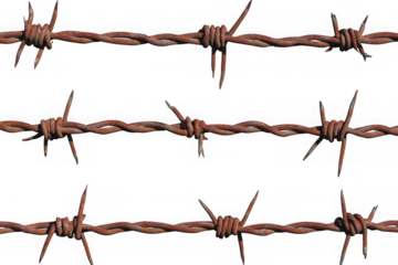 Three rows of rusty barbed wire with sharp points against a black background metal